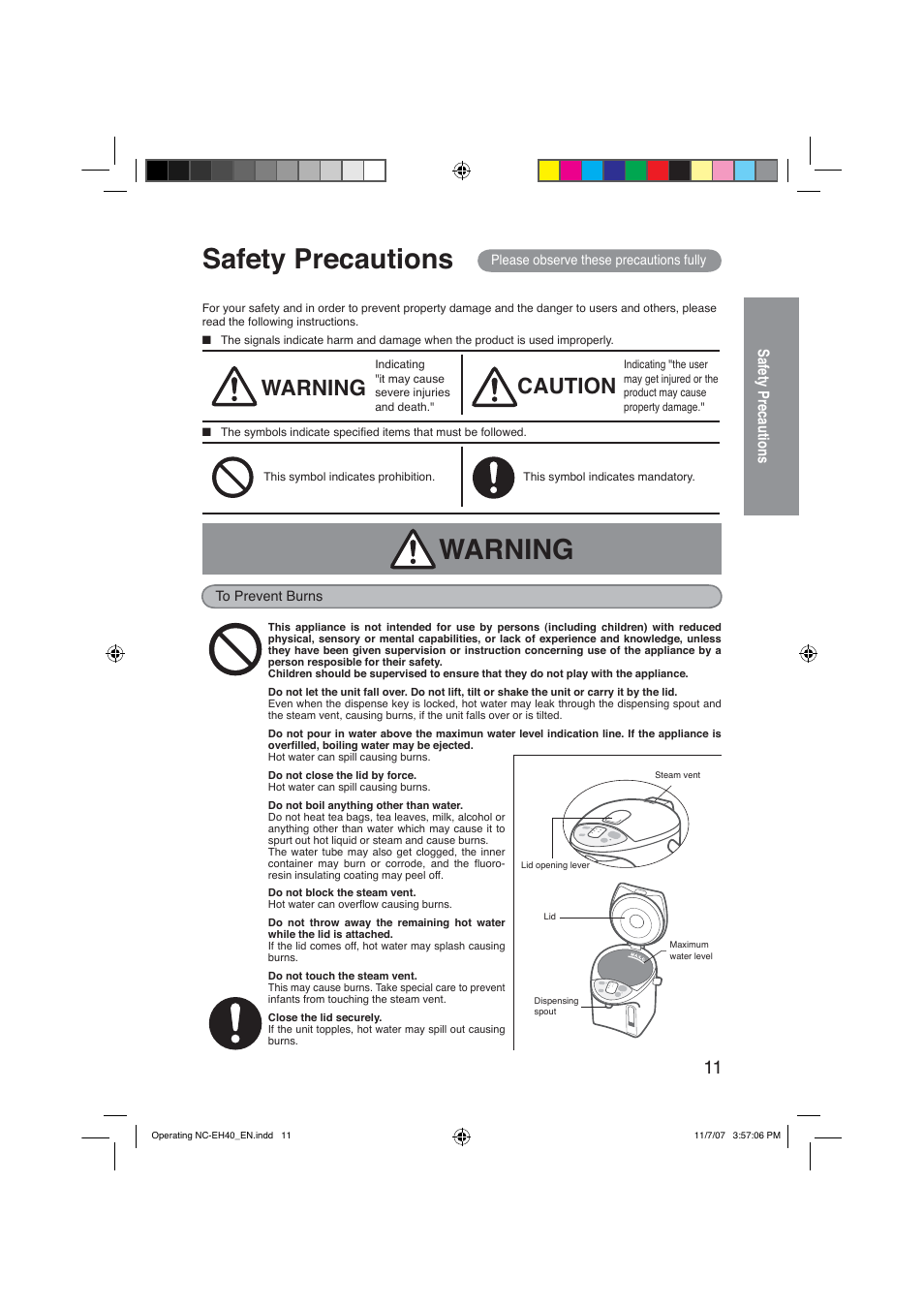 Safety precautions, Warning, Caution | Panasonic NC-EH40P Manuel d'utilisation | Page 11 / 52