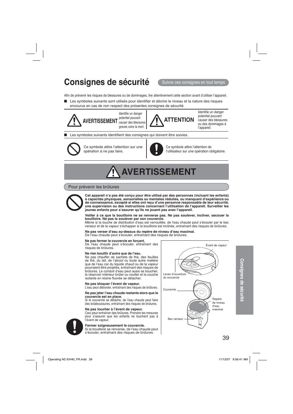 Consignes de sécurité, Avertissement, Attention | Panasonic NC-EH40P Manuel d'utilisation | Page 39 / 52