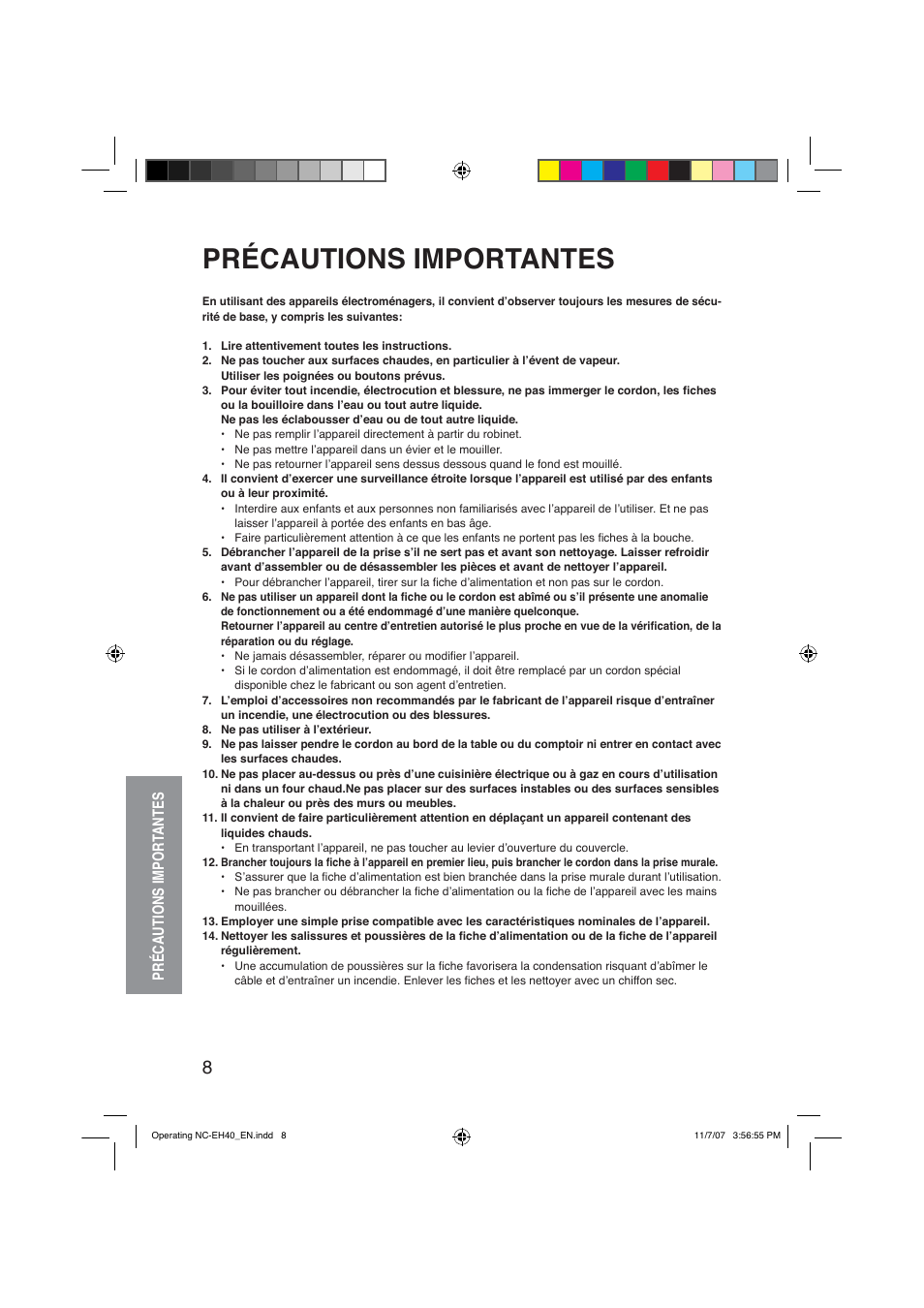 Précautions importantes, Précautions import antes | Panasonic NC-EH40P Manuel d'utilisation | Page 8 / 52