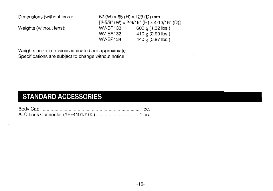 Standard accessories | Panasonic CCTV CAMERAS WV-BP132 Manuel d'utilisation | Page 18 / 36