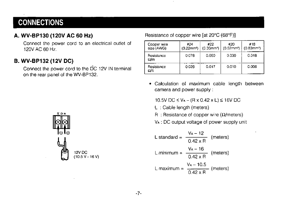A. wv-bp130 (120v ac 60 hz), B. wv-bp132 (12v dc), Connections | Panasonic CCTV CAMERAS WV-BP132 Manuel d'utilisation | Page 9 / 36