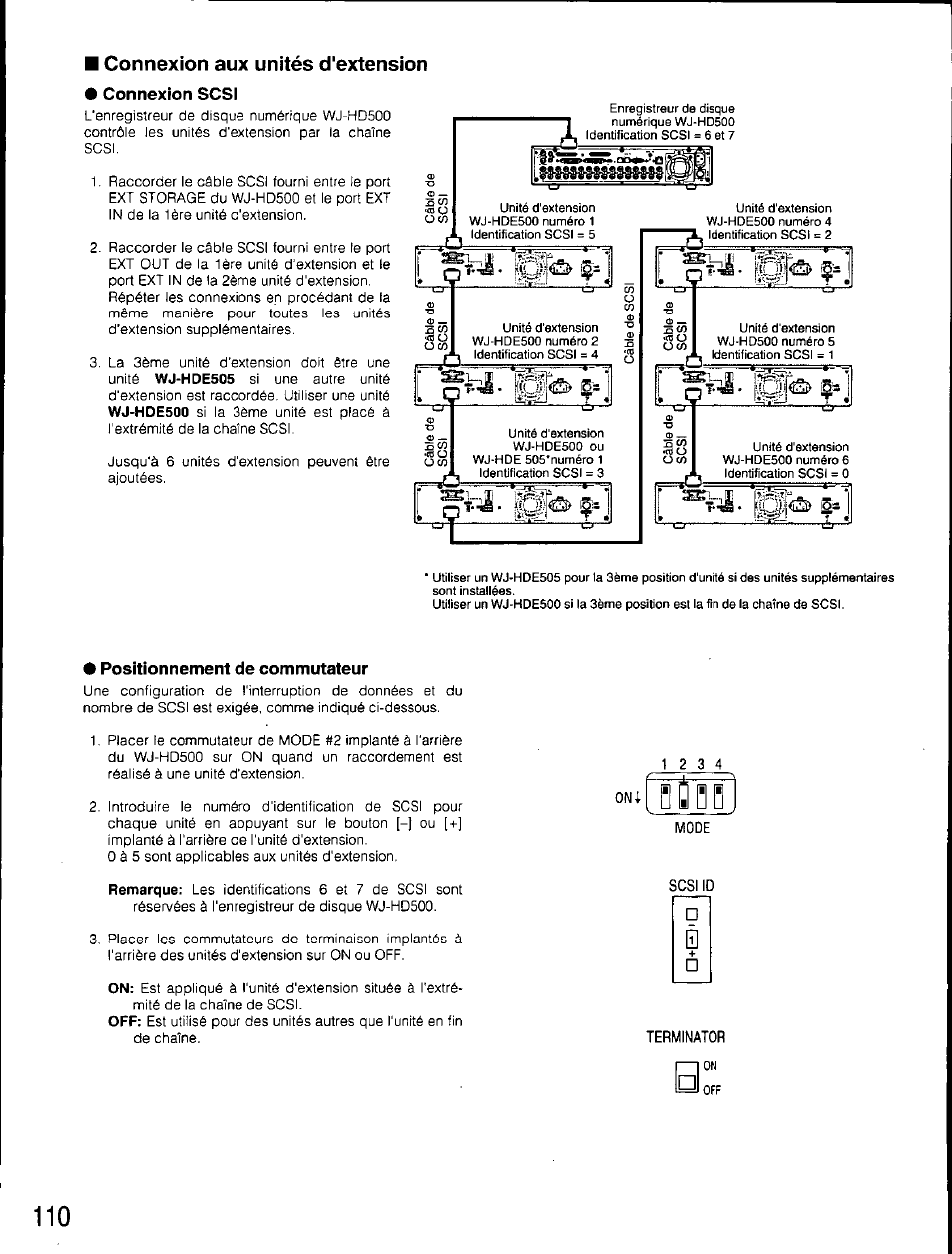 Connexion aux unités d'extension, Connexion scsi, Positionnement de commutateur | Mmmîmm | Panasonic WJ-HD500 Manuel d'utilisation | Page 109 / 181