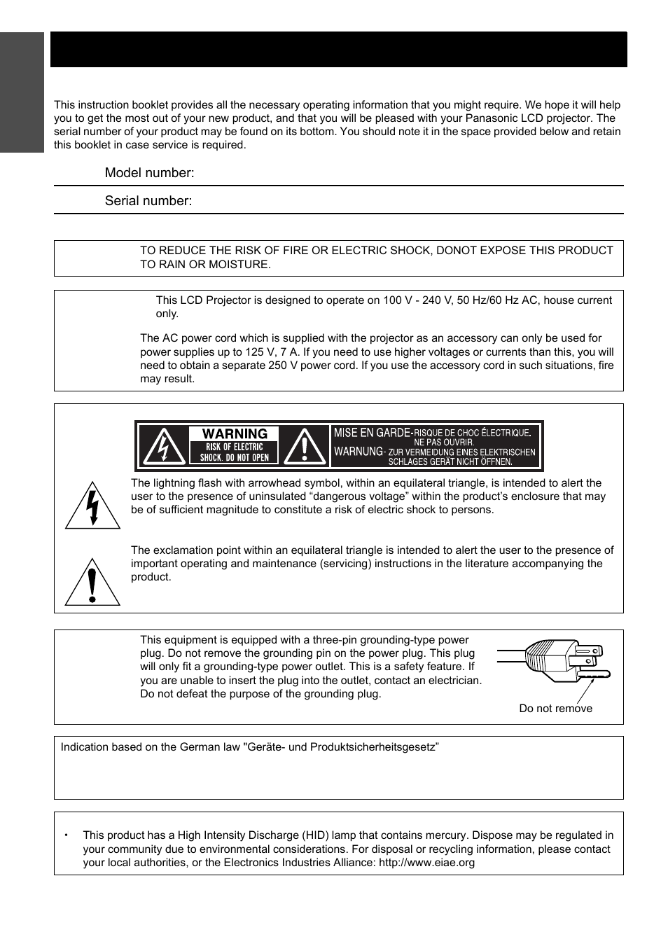 Important safety notice, Dear panasonic customer, Nglish - 2 | Panasonic PT-LB51SU Manuel d'utilisation | Page 2 / 62