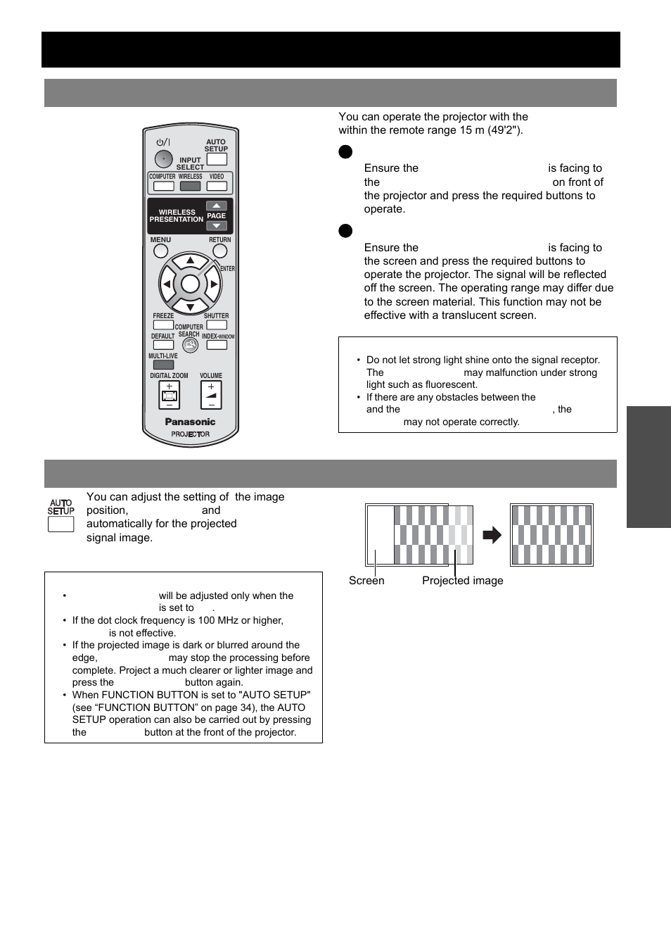 Remote control operation, Operating range, Setting up the image position automatically | Nglish - 23, Basic o p eration, Q facing to the projector, Q facing to the screen | Panasonic PT-LB51SU Manuel d'utilisation | Page 23 / 62