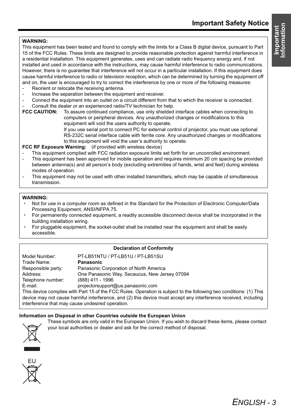 Nglish - 3, Important safety notice, Important information | Panasonic PT-LB51SU Manuel d'utilisation | Page 3 / 62