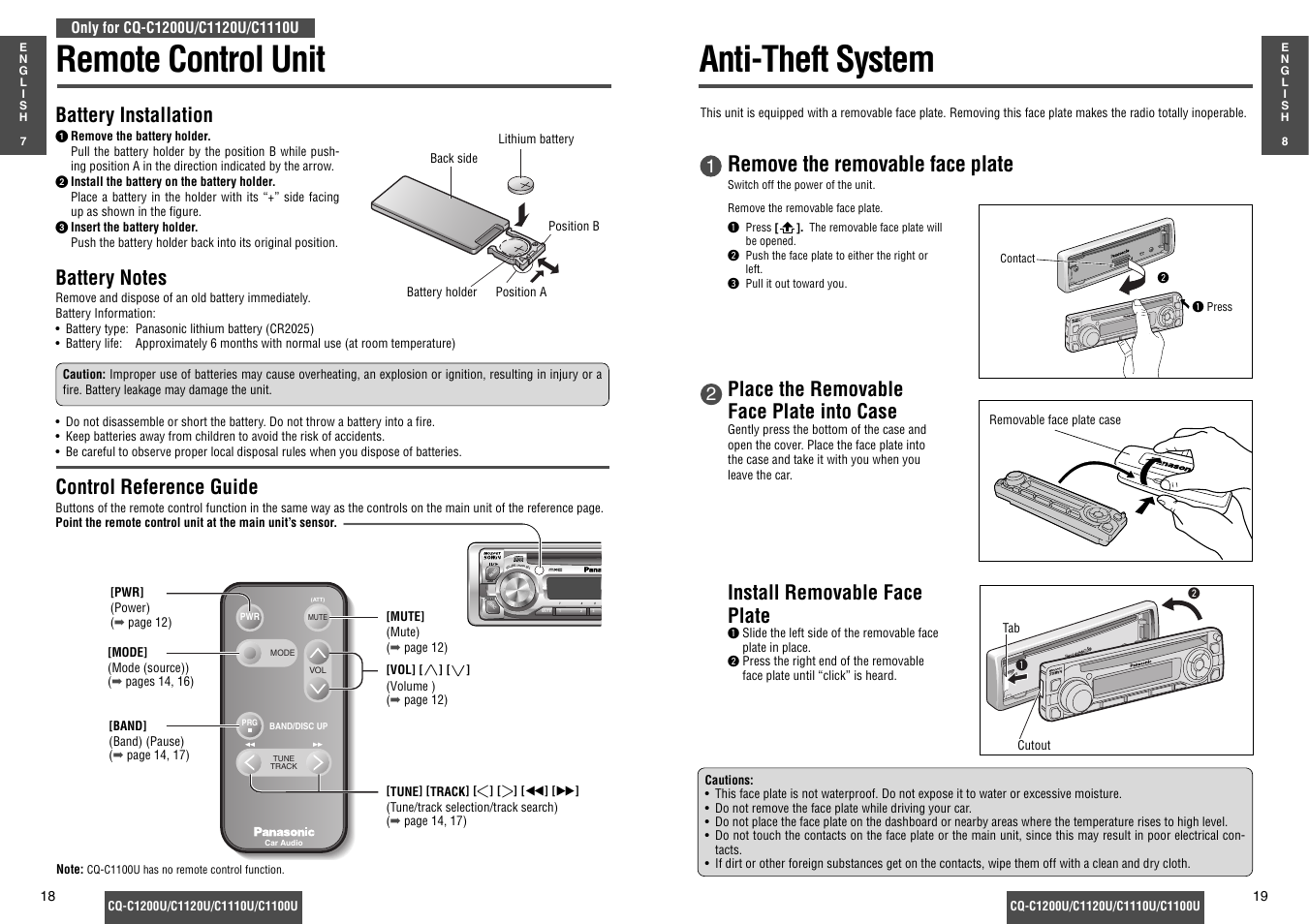 Remote control unit, Anti-theft system, Remove the removable face plate | Install removable face plate, Place the removable face plate into case, Power, Battery installation, Control reference guide | Panasonic CQ-C1200U Manuel d'utilisation | Page 10 / 17