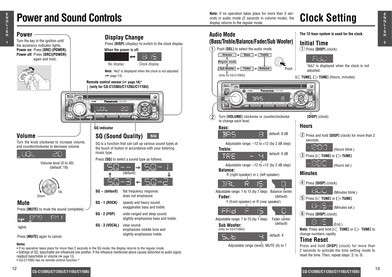 Power and sound controls, Clock setting, Audio mode (bass/treble/balance/fader/sub woofer) | Initial time, Time reset, Mute, Volume, Sq (sound quality), Power, Display change | Panasonic CQ-C1200U Manuel d'utilisation | Page 7 / 17