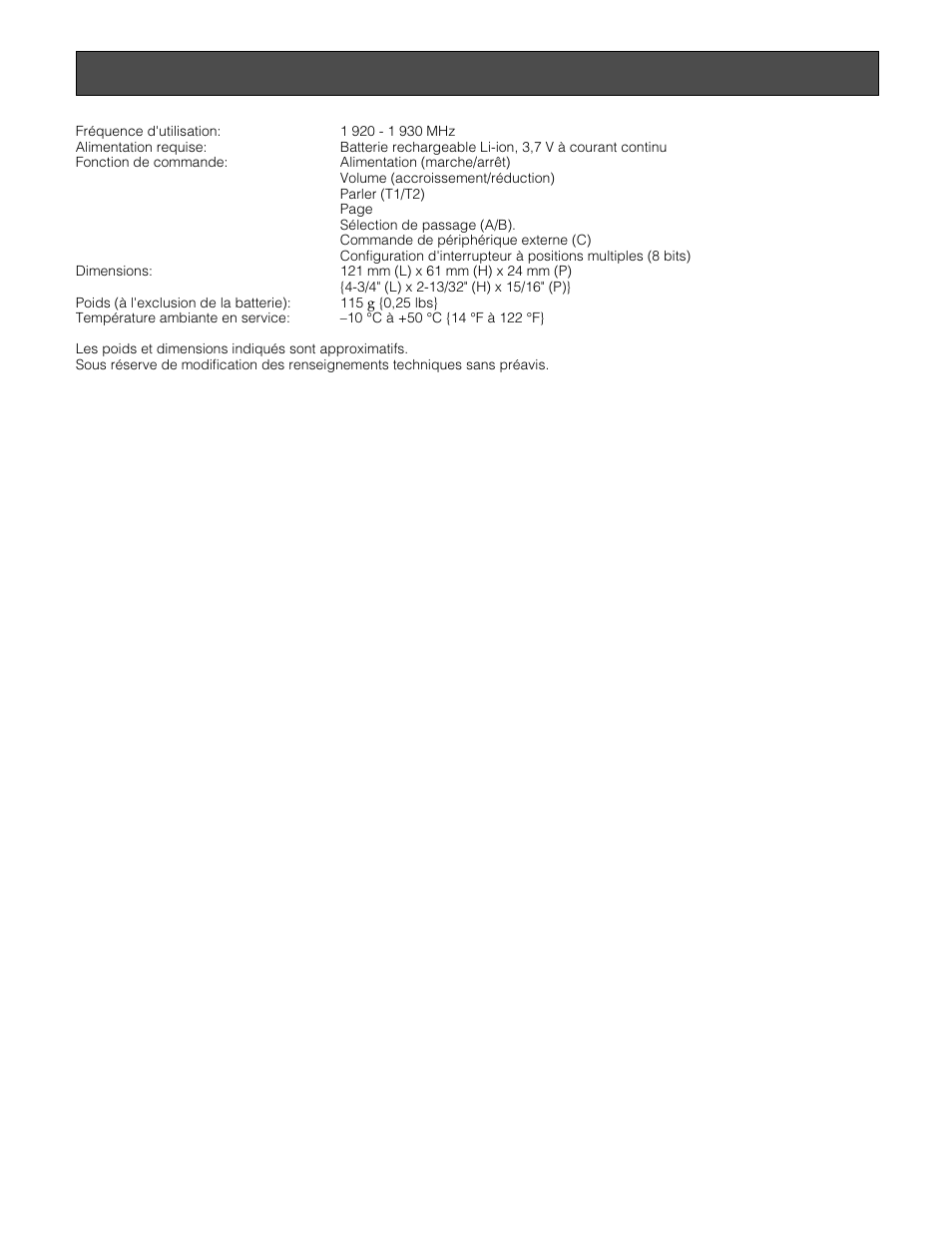 Caract é ristiques techniques | Panasonic WX-T3020 Manuel d'utilisation | Page 34 / 36