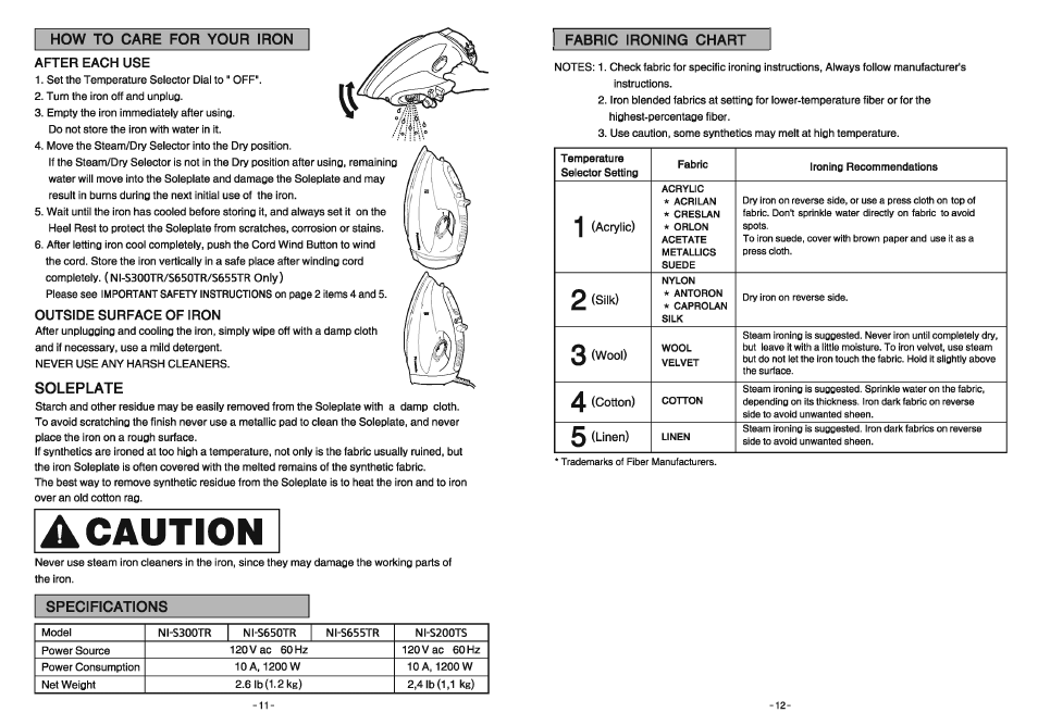 Fabric ironing chart | Panasonic NI-S650TR Manuel d'utilisation | Page 12 / 24