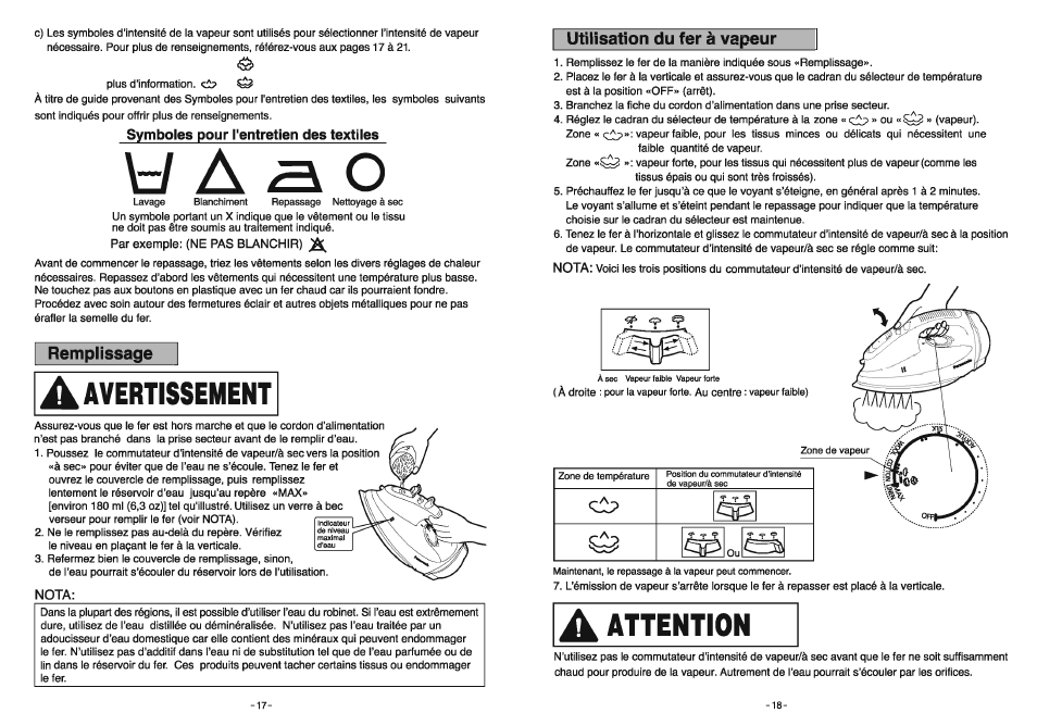 Symboles pour l'entretien des textiles, Remplissage | Panasonic NI-S650TR Manuel d'utilisation | Page 17 / 24
