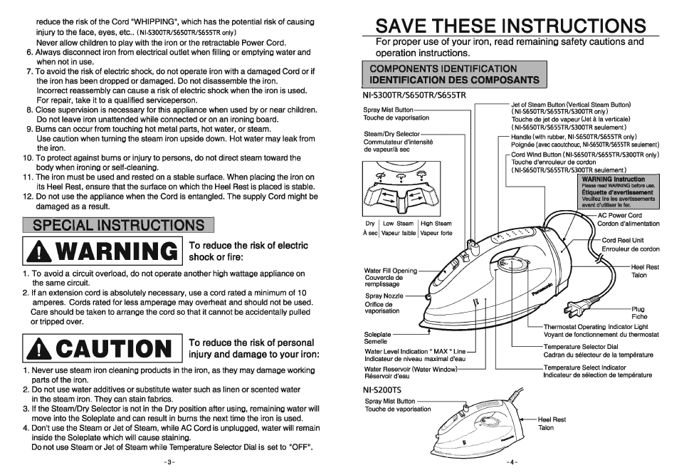 To reduce the risk of electric shock or fire, Awarning, A caution | Special instructions | Panasonic NI-S650TR Manuel d'utilisation | Page 3 / 24