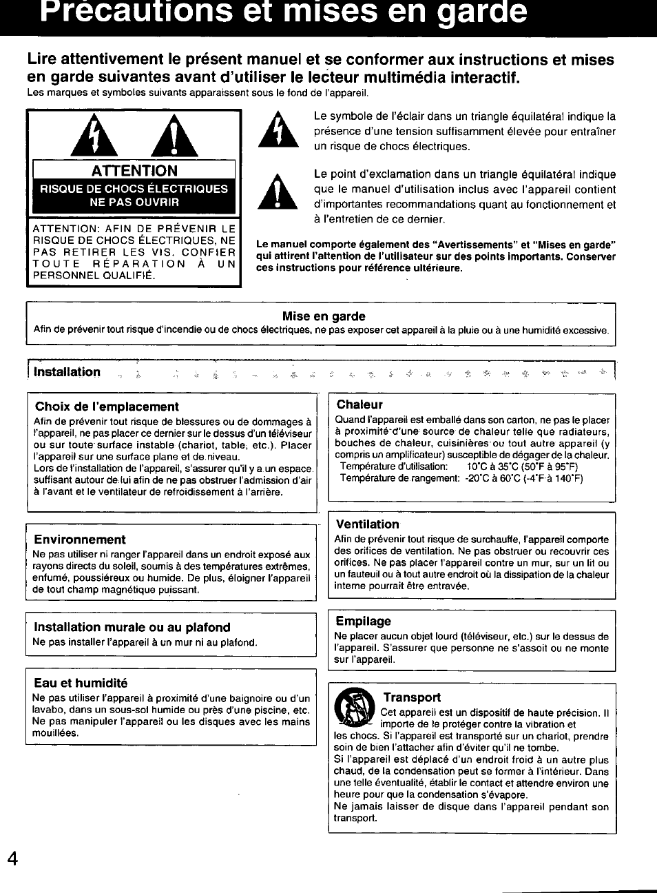 Recautions et mises en garae, Précautions et mises en garde, Attention | Panasonic FZ-35S Manuel d'utilisation | Page 4 / 12