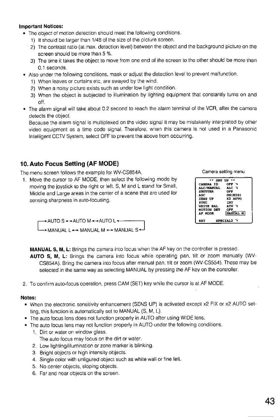 Important notices, Auto focus setting (af mode), Notes | Panasonic WV-CS554 Manuel d'utilisation | Page 43 / 120