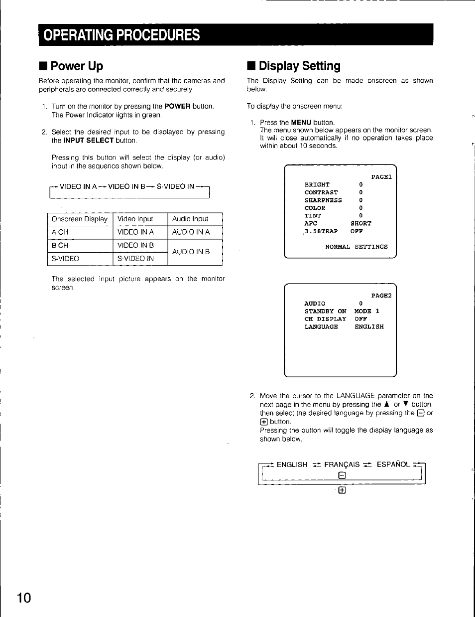 Operating procedures, Display setting, Power up | Panasonic WV-CM2080 Manuel d'utilisation | Page 10 / 32