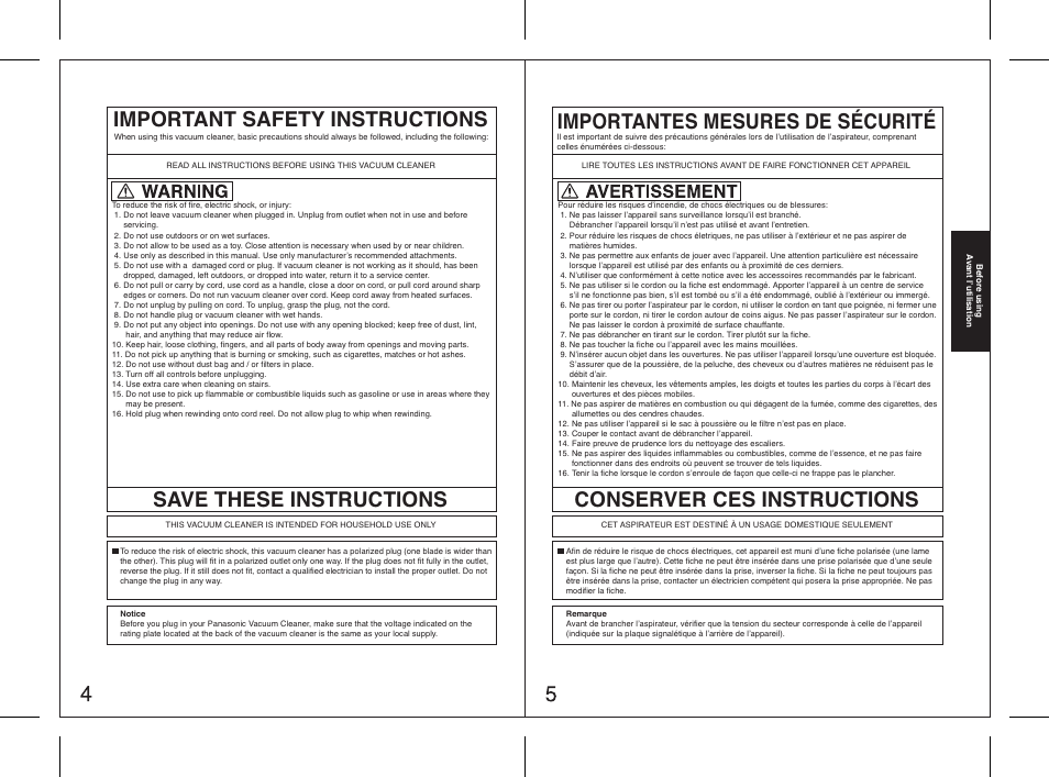 Conserver ces instructions, Importantes mesures de sécurité | Panasonic MC-3920 Manuel d'utilisation | Page 3 / 8