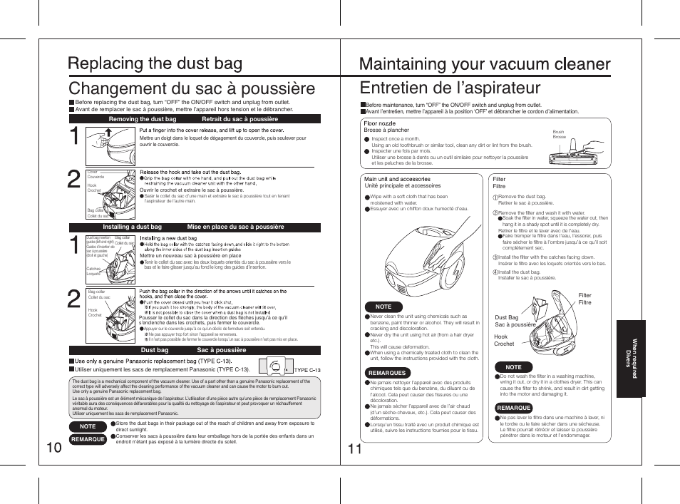 Changement du sac à poussière, Entretien de lʼaspirateur | Panasonic MC-3920 Manuel d'utilisation | Page 6 / 8