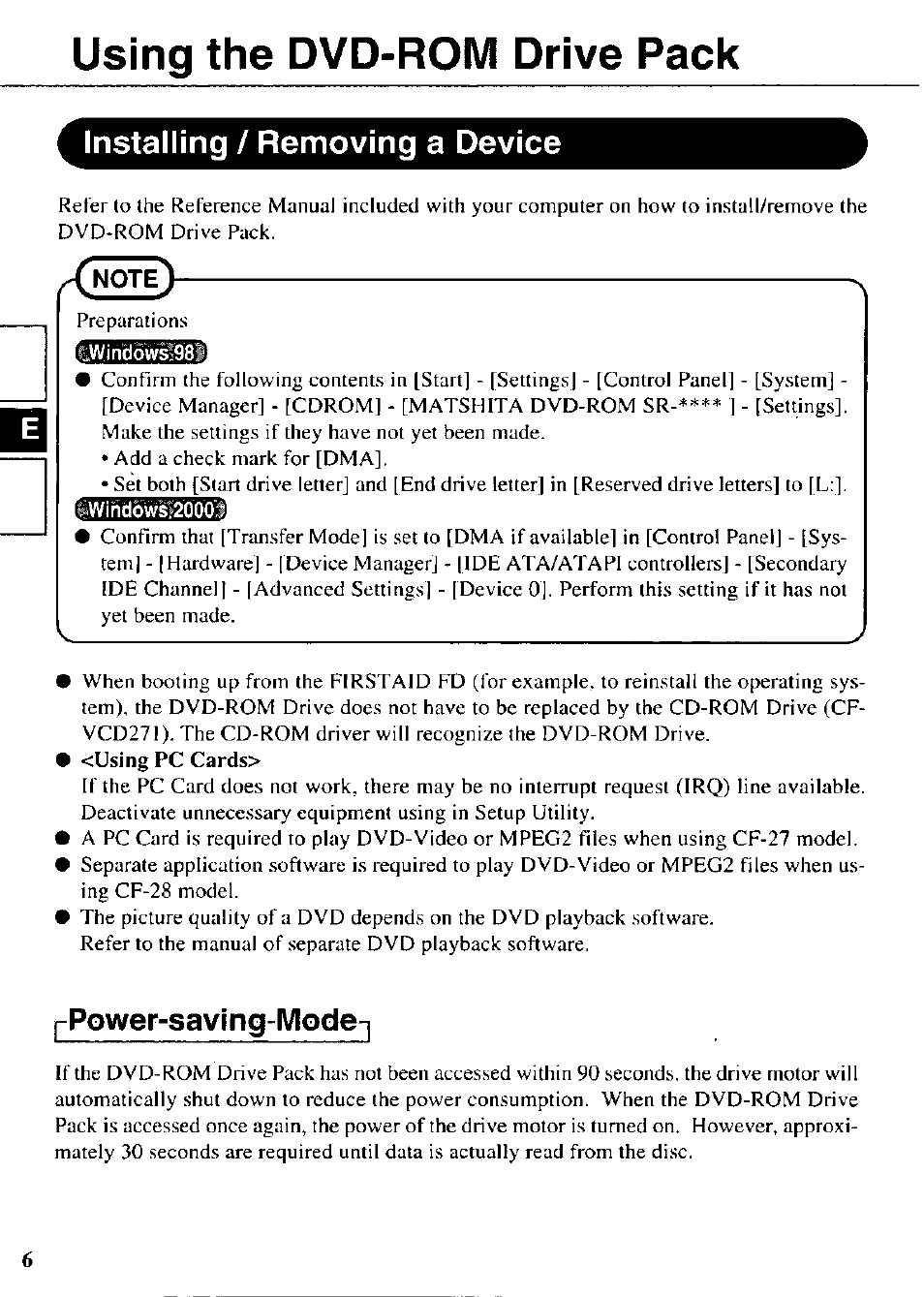 Using the dvd-rom drive pack, Installing / removing a device, Power-saving-mode | Panasonic DVD-ROM CF-VDD283 Manuel d'utilisation | Page 6 / 36