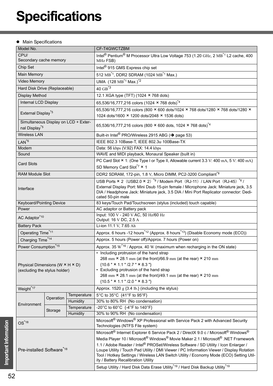 Specifications, Im po rta nt info rma tion | Panasonic CF-T4 Manuel d'utilisation | Page 52 / 56