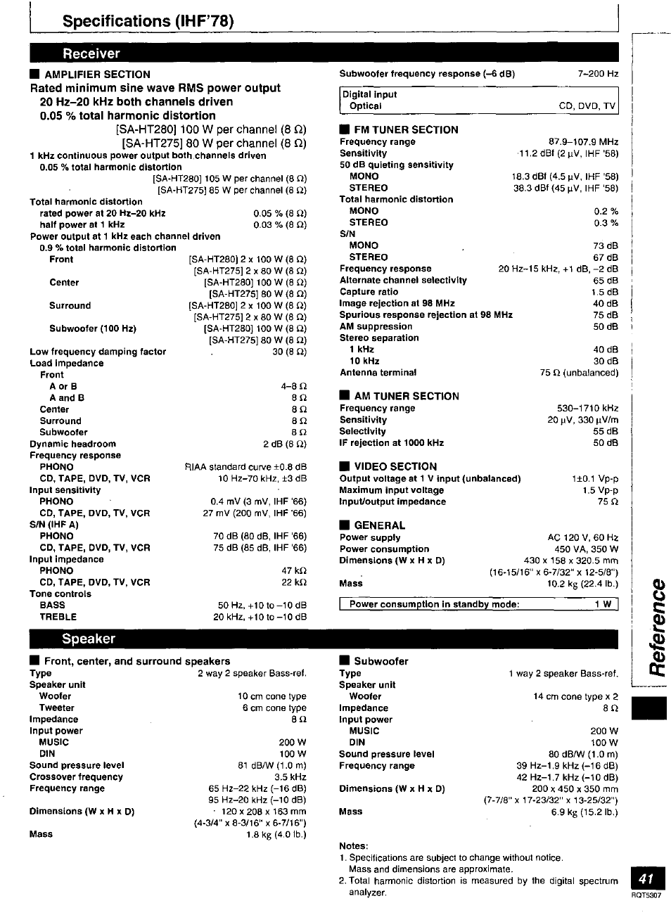 Specifications (ihfv8) | Panasonic SC-HT280 Manuel d'utilisation | Page 41 / 88