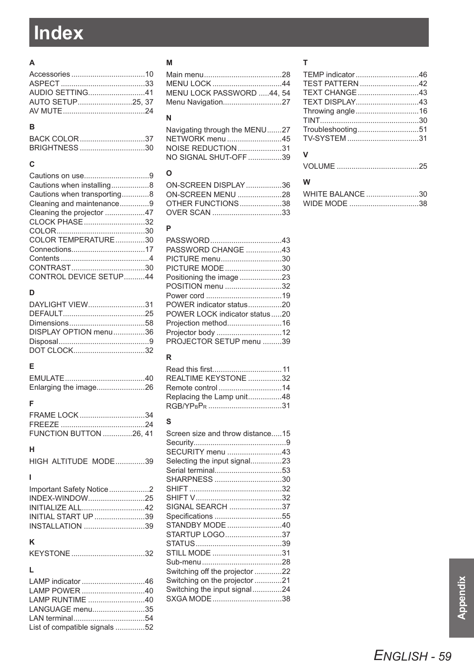 Index, Nglish - 59, Appendix | Panasonic TQBJ0302 Manuel d'utilisation | Page 59 / 68