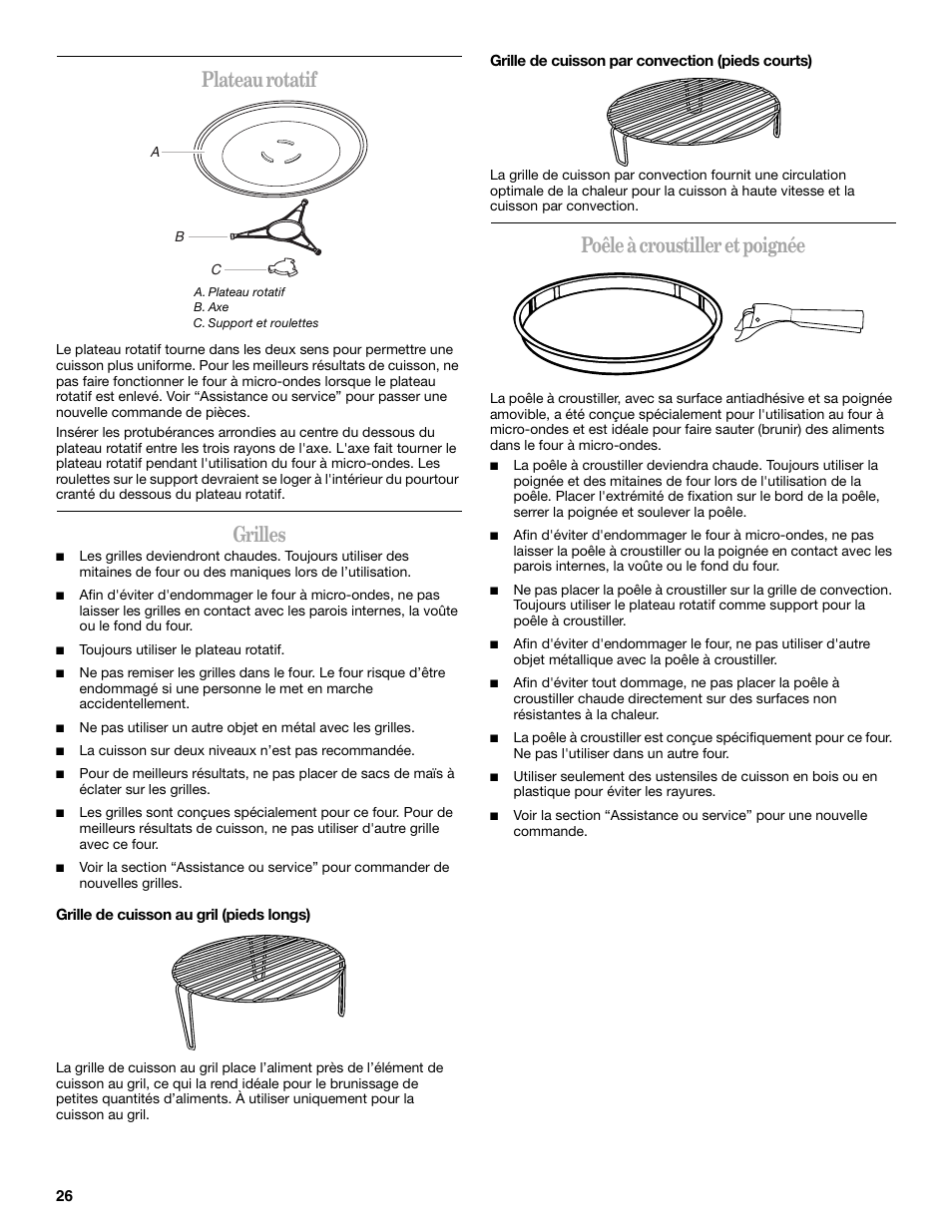 Plateau rotatif, Grilles, Poêle à croustiller et poignée | Whirlpool GSC309 Manuel d'utilisation | Page 26 / 48