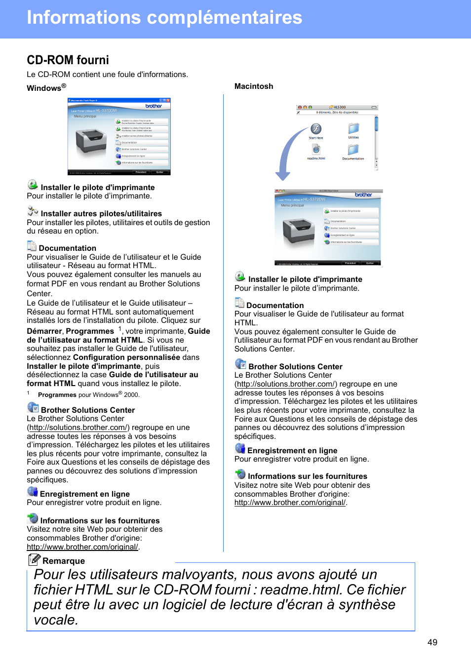 Cd-rom fourni, Windows, Macintosh | Informations complémentaires | Brother HL 5370DW Manuel d'utilisation | Page 49 / 54