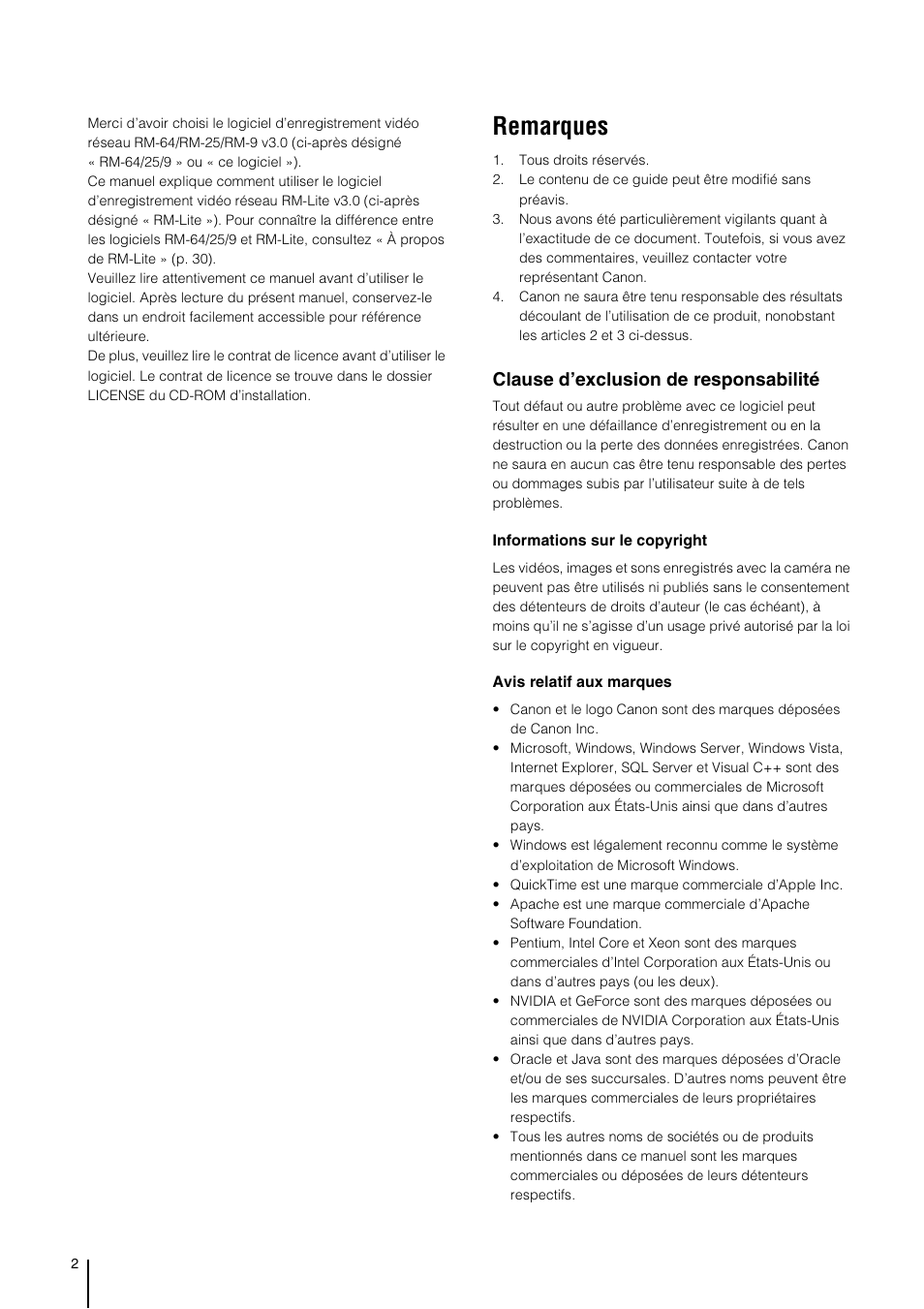 Remarques, Clause d’exclusion de responsabilité | Canon VB-H610D Manuel d'utilisation | Page 2 / 138