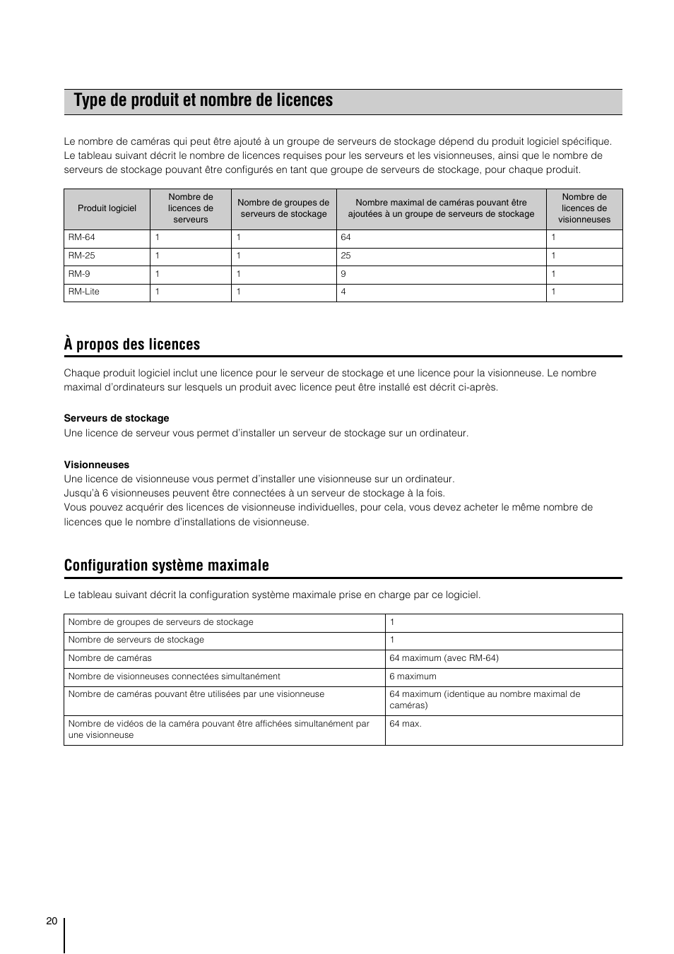 Type de produit et nombre de licences, À propos des licences, Configuration système maximale | Canon VB-H610D Manuel d'utilisation | Page 20 / 138