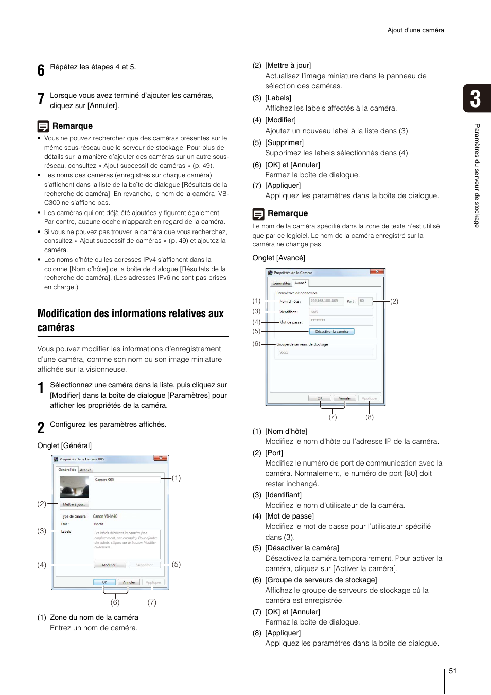 Modification des informations relatives aux, Caméras » (p. 51) | Canon VB-H610D Manuel d'utilisation | Page 51 / 138