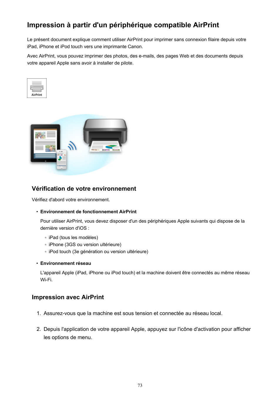 Impression à partir d'un périphérique compatible, Airprint | Canon PIXMA MX535 Manuel d'utilisation | Page 73 / 1066