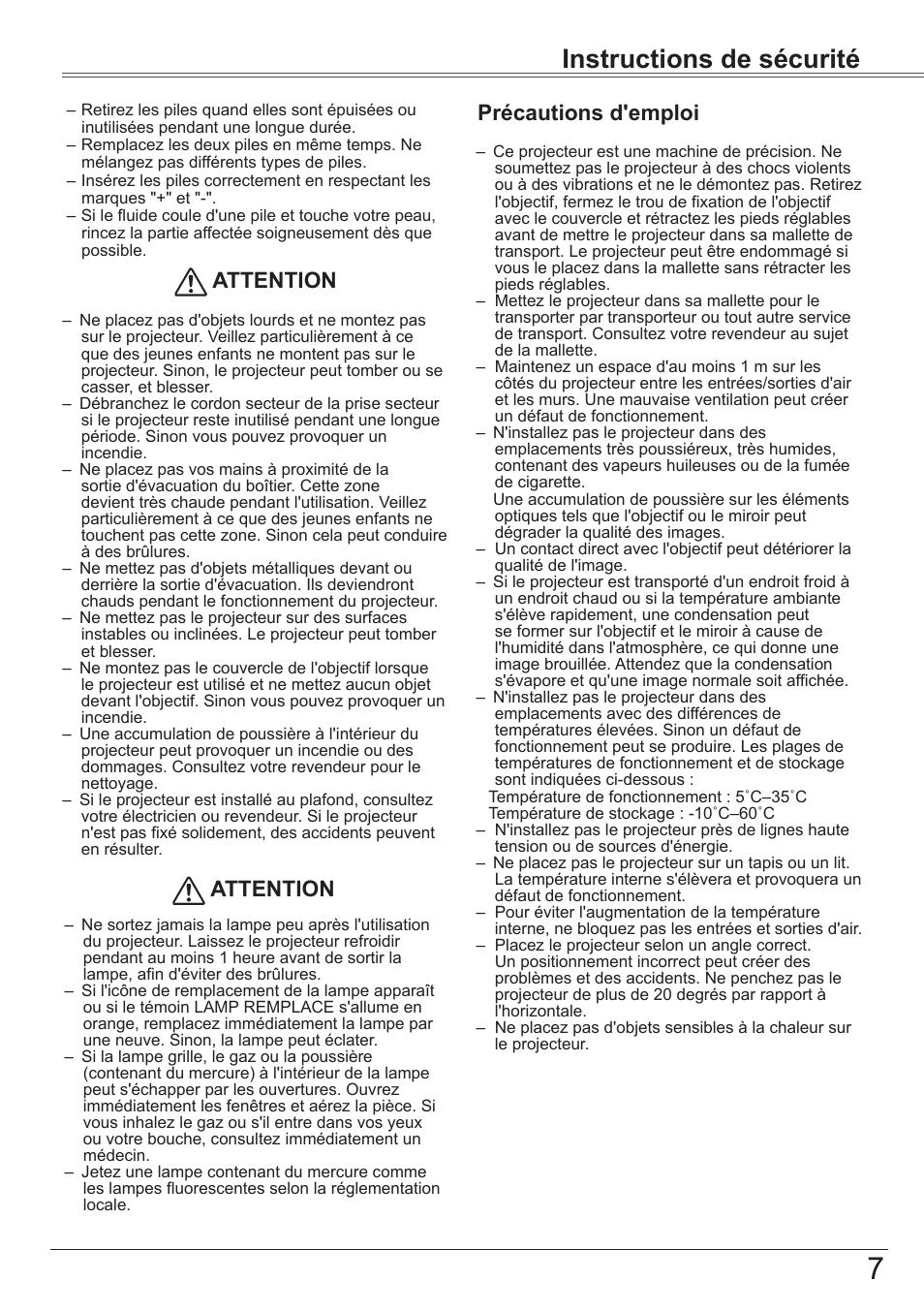 Instructions de sécurité, Précautions d'emploi attention attention | Canon LV-8320 Manuel d'utilisation | Page 7 / 81