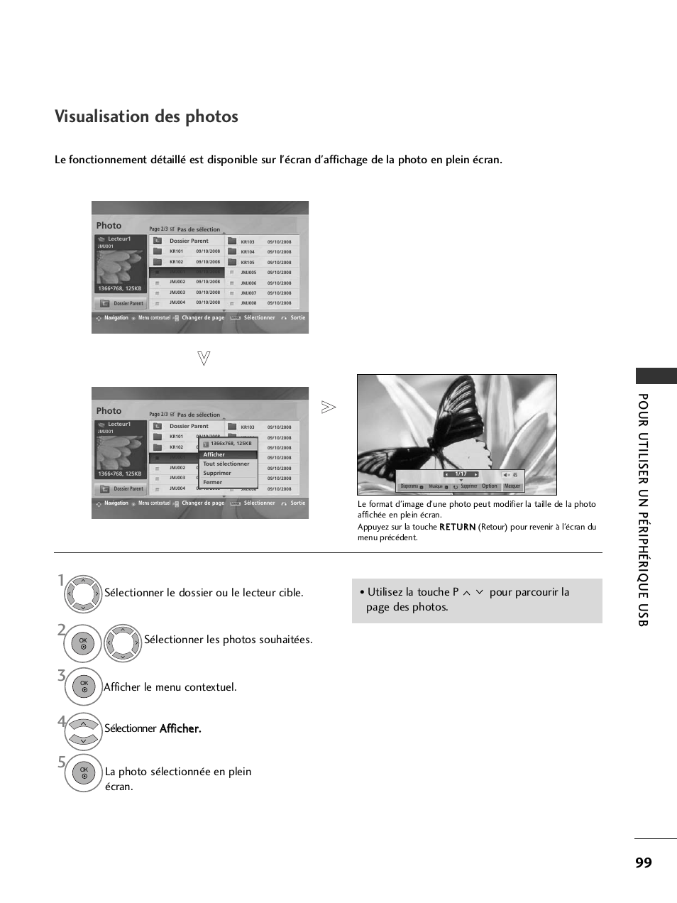 Visualisation des photos, Pour utiliser un périphérique usb | LG 42LH9000 Manuel d'utilisation | Page 101 / 180