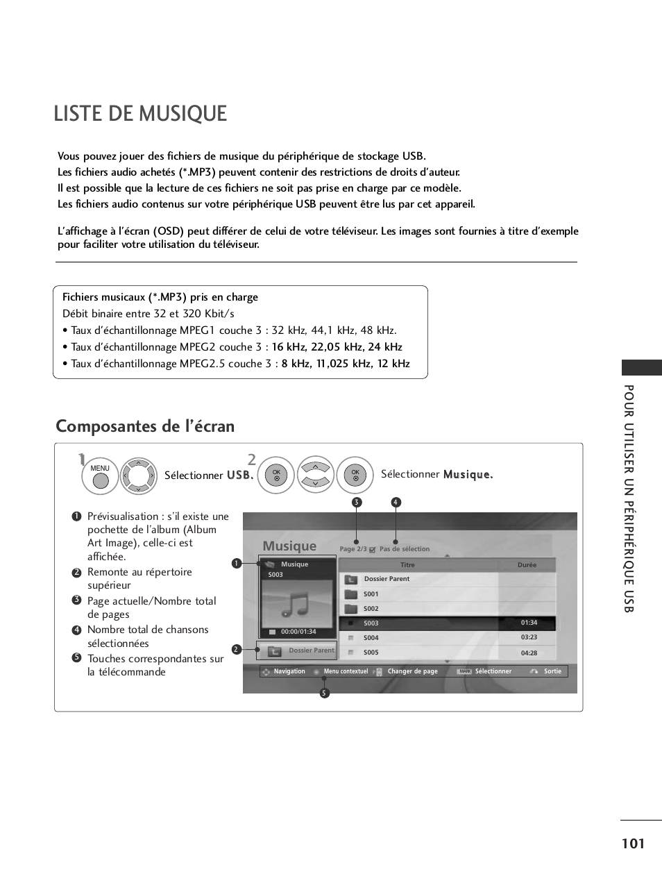 Liste de musique, Composantes de l’écran, Pour utiliser un périphérique usb | Musique | LG 32LH40 Manuel d'utilisation | Page 103 / 180