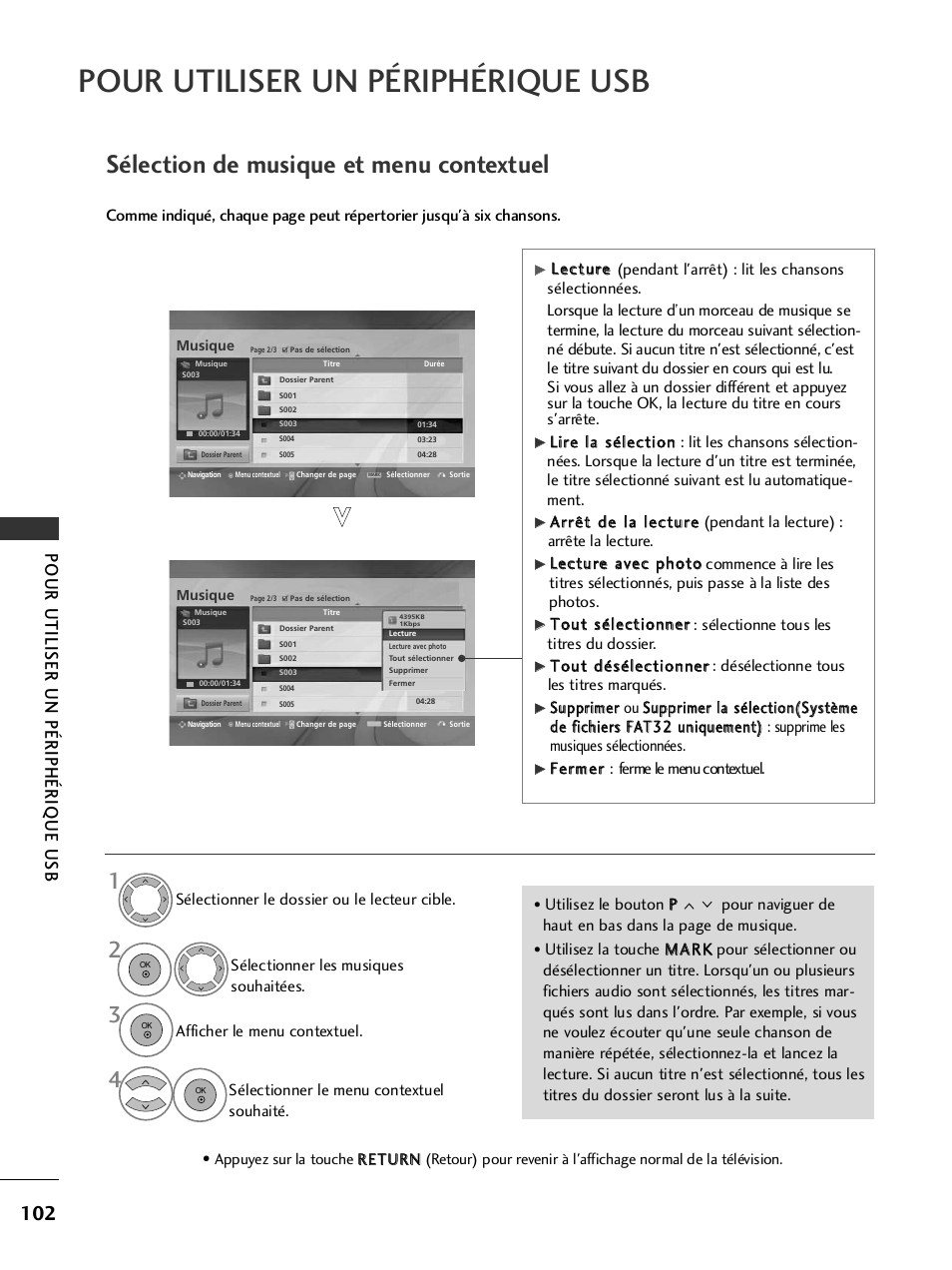 Sélection de musique et menu contextuel, Pour utiliser un périphérique usb | LG 32LH40 Manuel d'utilisation | Page 104 / 180