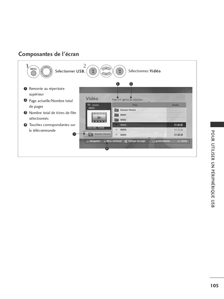 Composantes de l’écran, Pour utiliser un périphérique usb, Vidéo | LG 32LH40 Manuel d'utilisation | Page 107 / 180