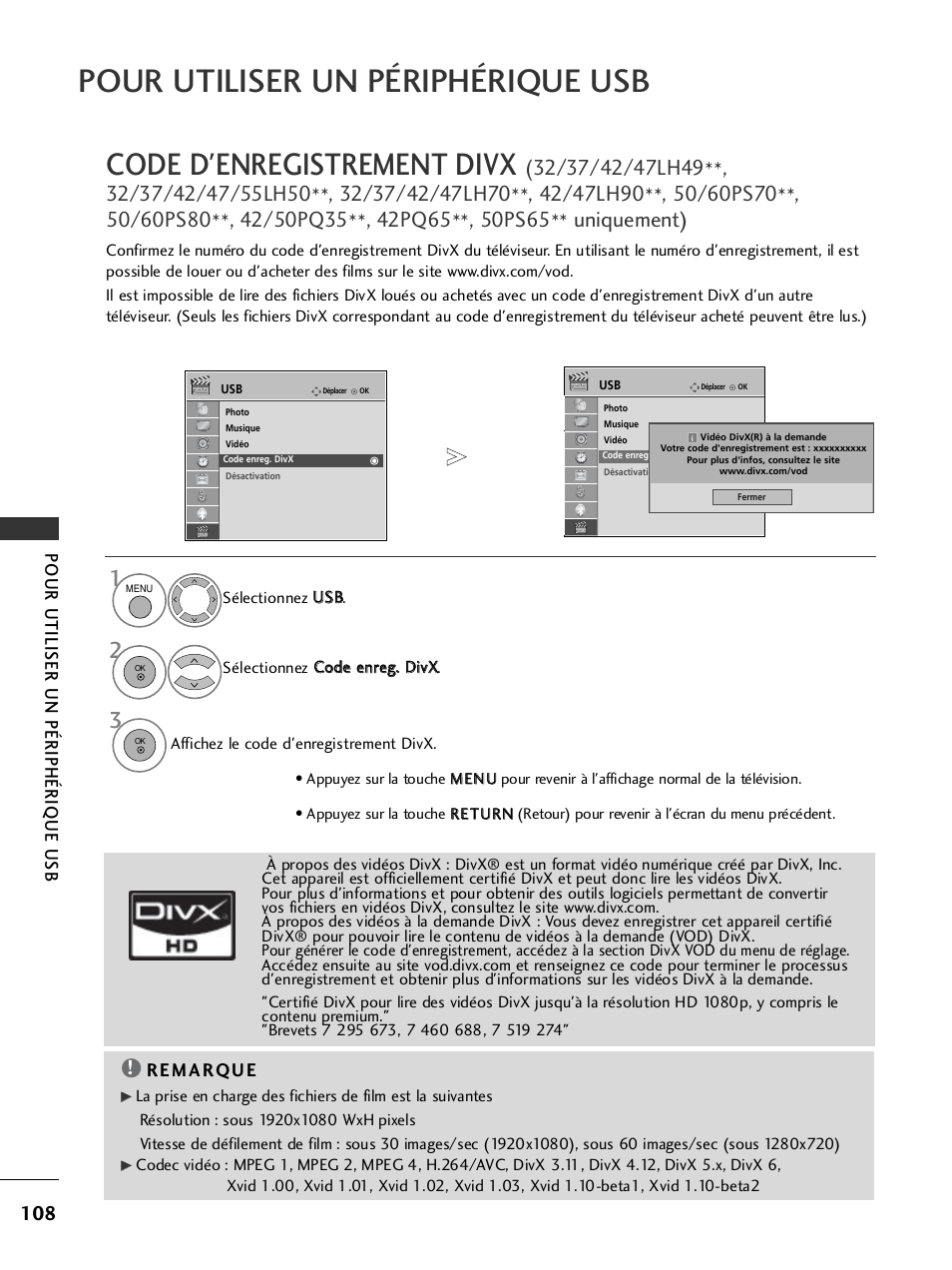 Code d'enregistrement divx, Pour utiliser un périphérique usb | LG 32LH40 Manuel d'utilisation | Page 110 / 180