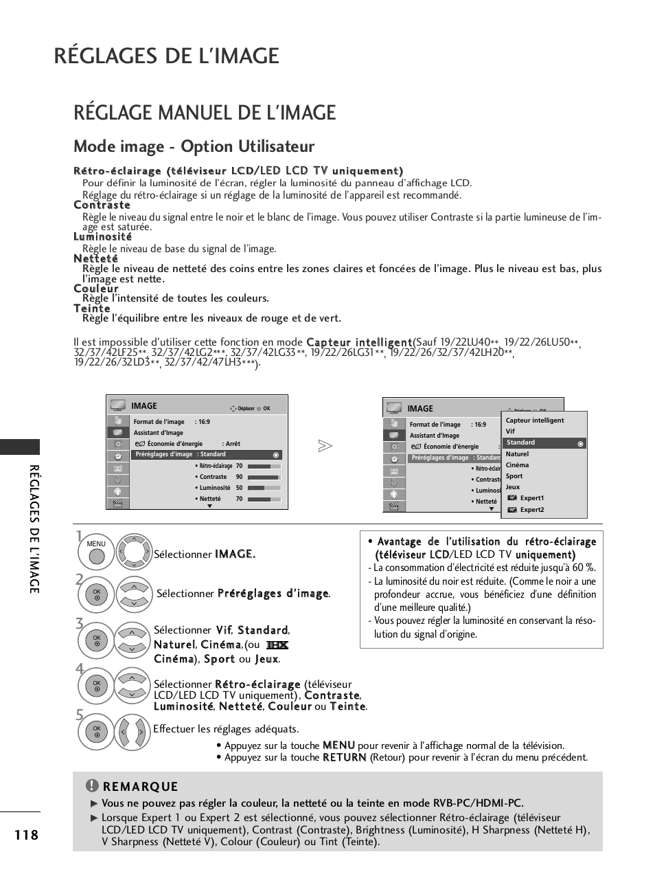 Réglages de l'image, Réglage manuel de l'image, Mode image - option utilisateur | Régla ges de l'ima g e | LG 32LH40 Manuel d'utilisation | Page 120 / 180