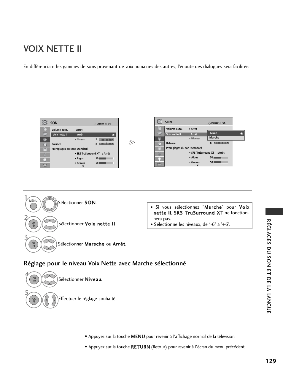 Voix nette ii, Régla ges du son et de la langue | LG 32LH40 Manuel d'utilisation | Page 131 / 180