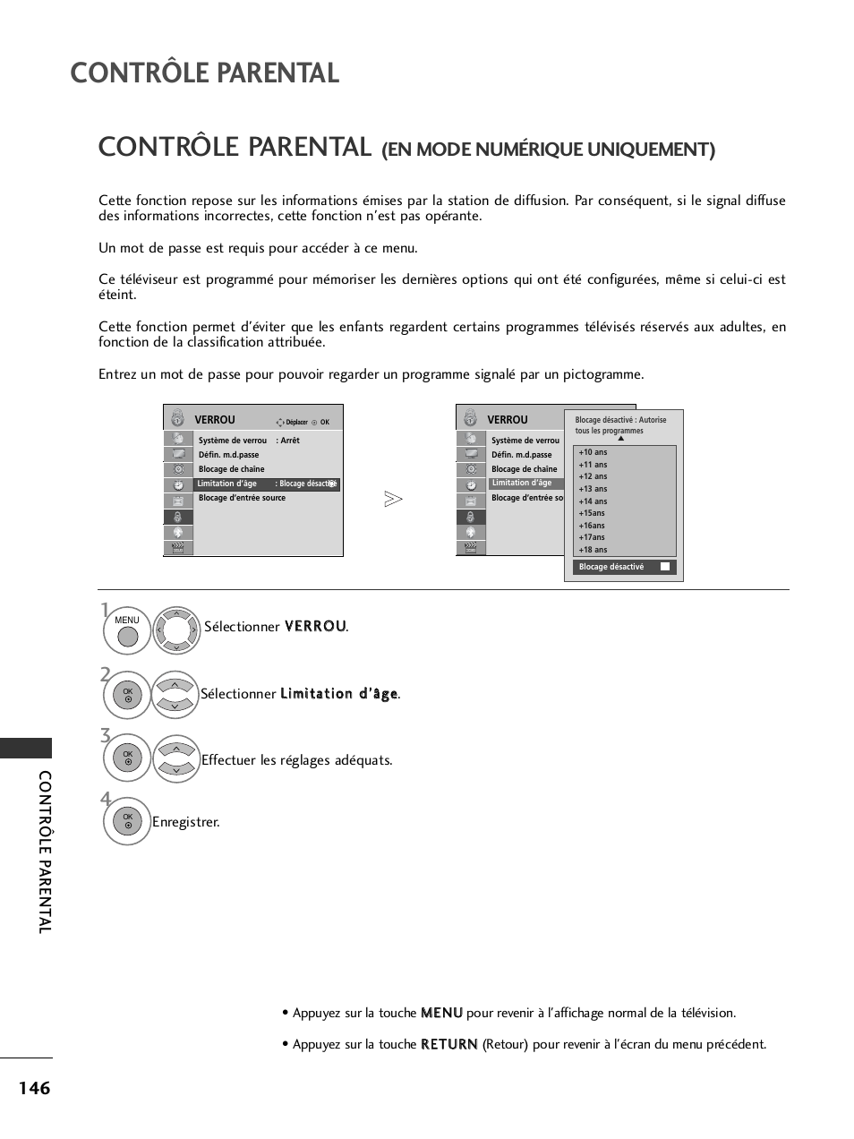 Contrôle parental, En mode numérique uniquement), Contr ôle p arent al | LG 32LH40 Manuel d'utilisation | Page 148 / 180