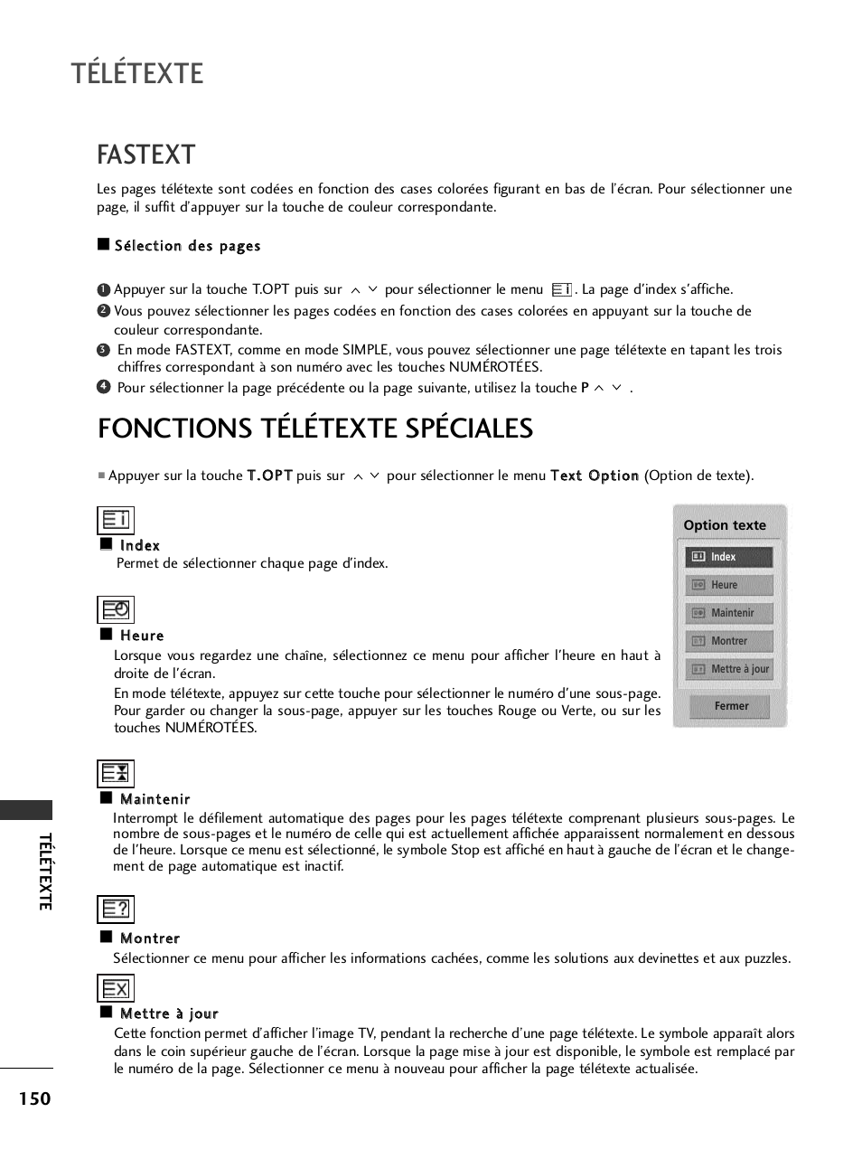 Fastext, Fonctions télétexte spéciales, Télétexte | LG 32LH40 Manuel d'utilisation | Page 152 / 180