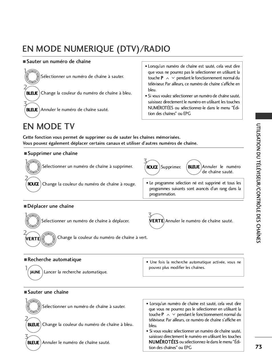 En mode tv, En mode numerique (dtv)/radio | LG 32LH40 Manuel d'utilisation | Page 75 / 180
