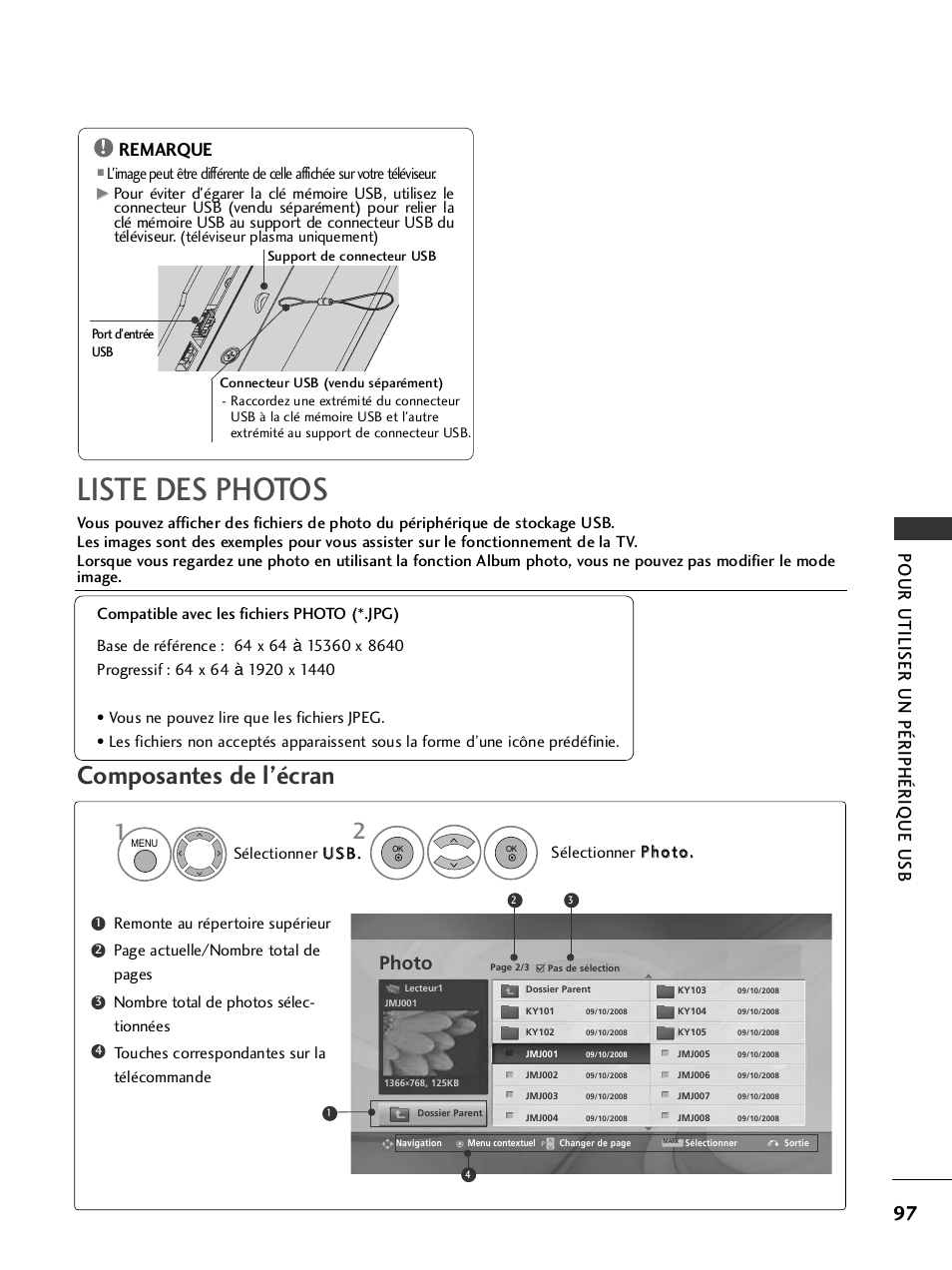 Liste des photos, Composantes de l’écran, Pour utiliser un périphérique usb | Photo, Remarque | LG 32LH40 Manuel d'utilisation | Page 99 / 180