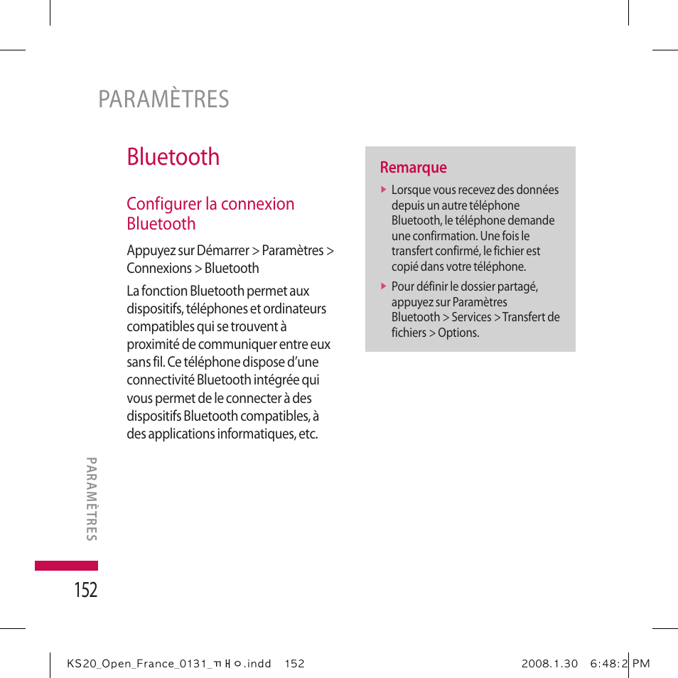 Bluetooth, Paramètres, Configurer la connexion bluetooth | LG KS20 Manuel d'utilisation | Page 154 / 179