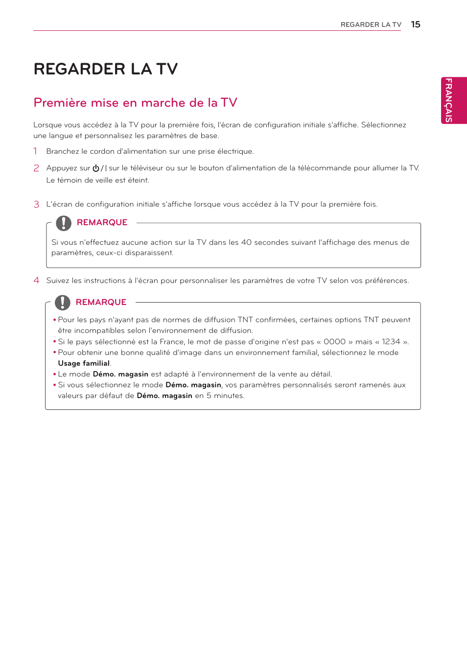 Regarder la tv, Première mise en marche de la tv | LG 27MT93S-PZ Manuel d'utilisation | Page 15 / 49