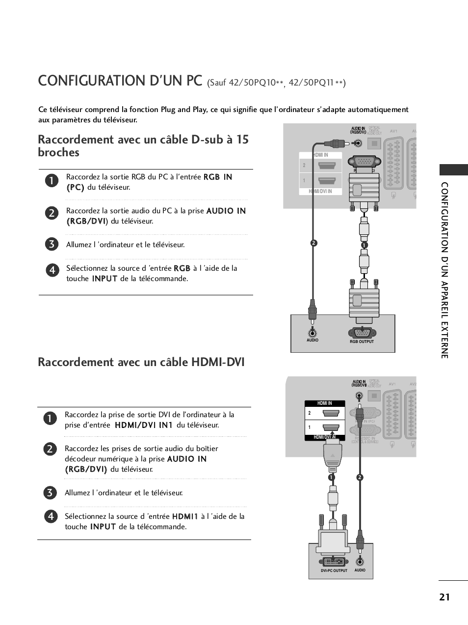 Configuration d'un pc, Raccordement avec un câble d-sub à 15 broches, Raccordement avec un câble hdmi-dvi | LG 50PQ6000 Manuel d'utilisation | Page 23 / 124
