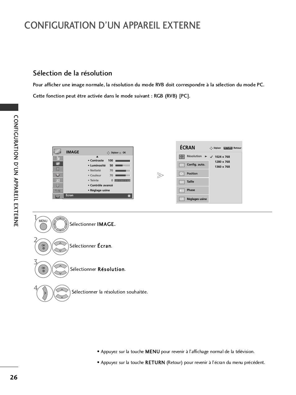 Configuration d’un appareil externe, Sélection de la résolution, Configur a tion d'un app areil externe | LG 50PQ6000 Manuel d'utilisation | Page 28 / 124