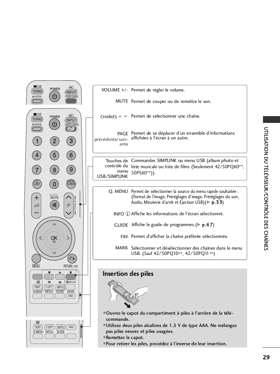 Insertion des piles, Utilis ation du téléviseur/contr ôle des chaînes | LG 50PQ6000 Manuel d'utilisation | Page 31 / 124