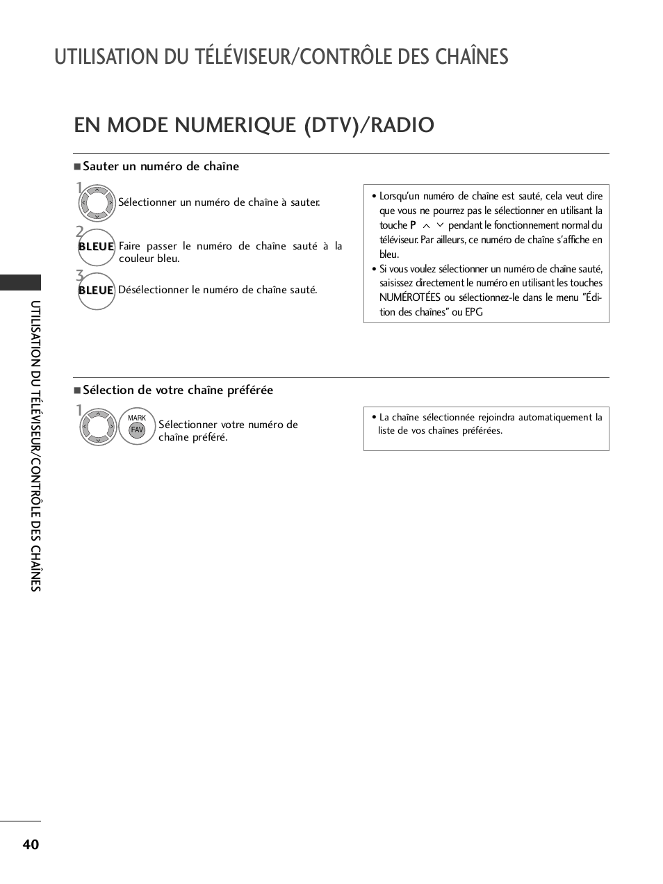 Utilisation du téléviseur/contrôle des chaînes, En mode numerique (dtv)/radio | LG 50PQ6000 Manuel d'utilisation | Page 42 / 124