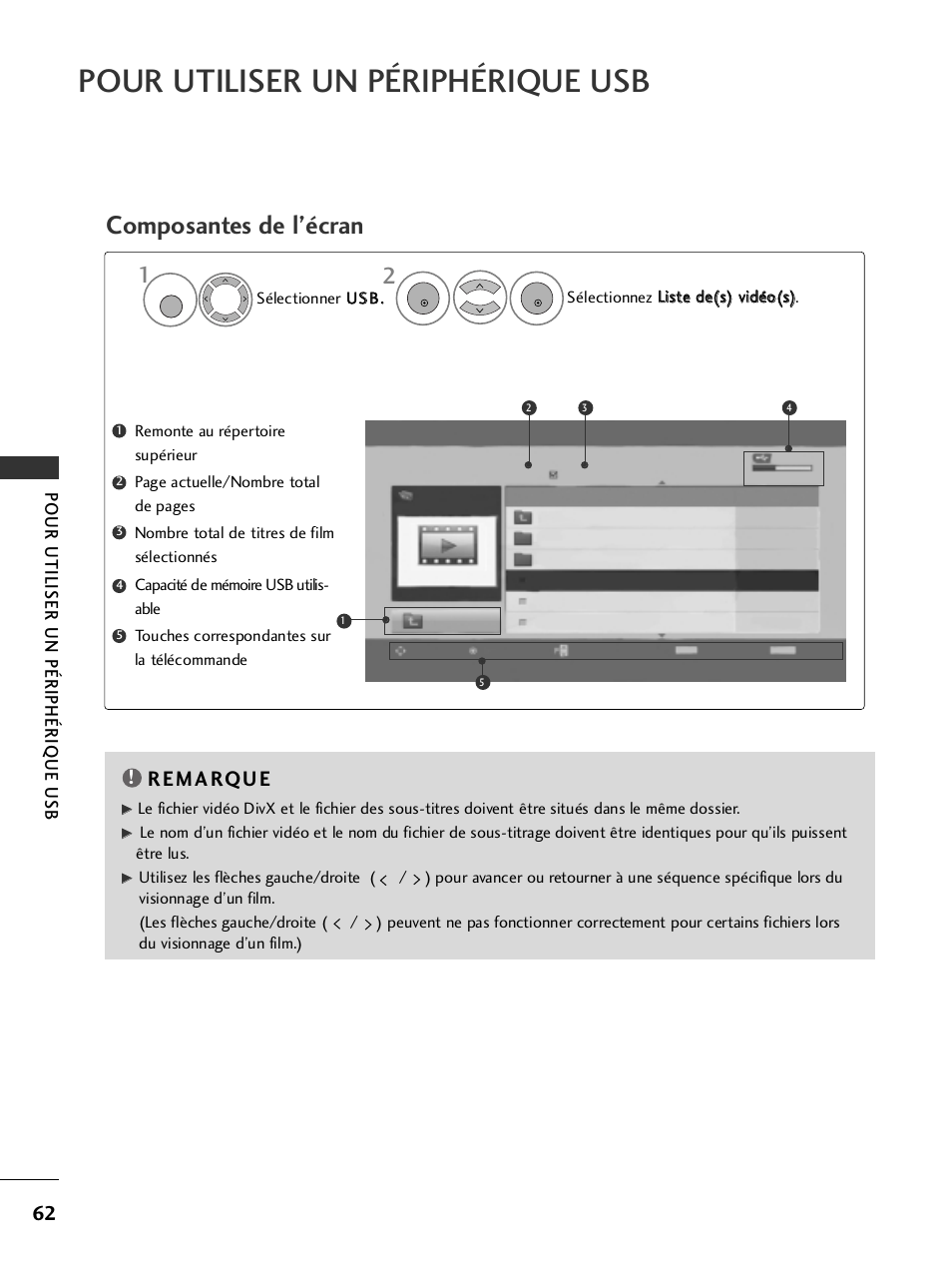 Pour utiliser un périphérique usb, Composantes de l’écran, Liste de(s) vidéo(s) | LG 50PQ6000 Manuel d'utilisation | Page 64 / 124