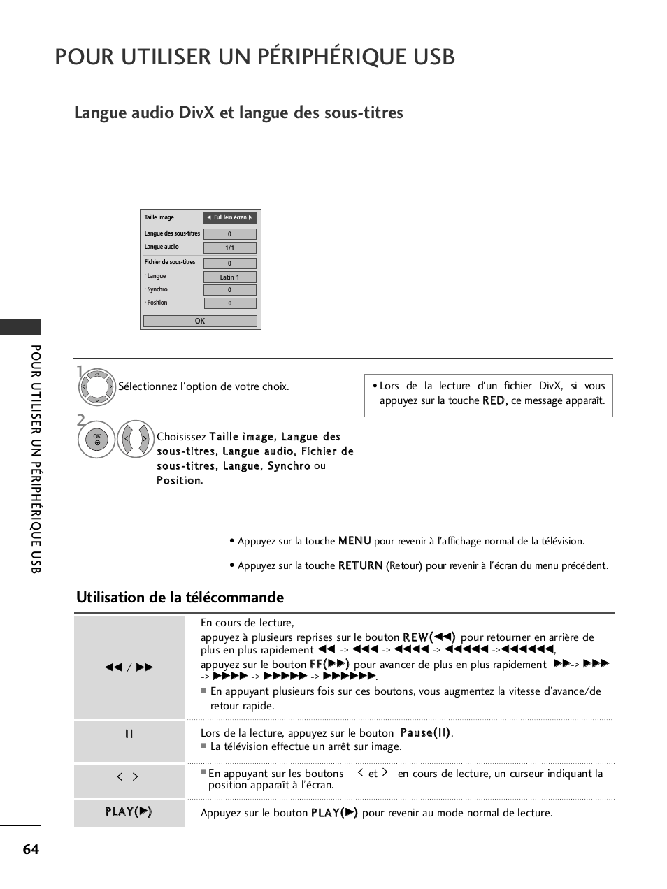 Pour utiliser un périphérique usb, Langue audio divx et langue des sous-titres, Utilisation de la télécommande | LG 50PQ6000 Manuel d'utilisation | Page 66 / 124
